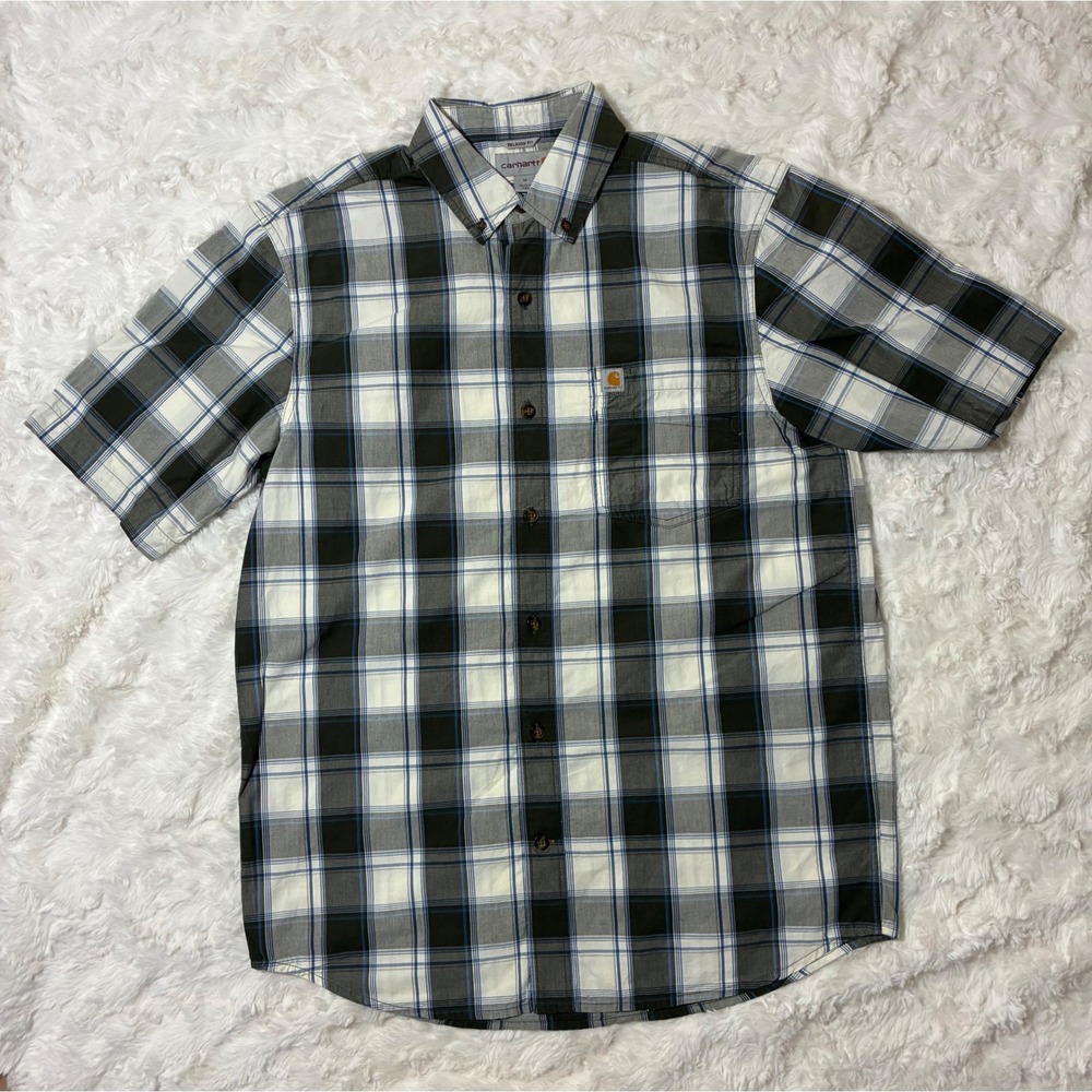 Carhartt Mens Relaxed Fit Plaid Short Sleeve‎ Button Down Shirt Green White M